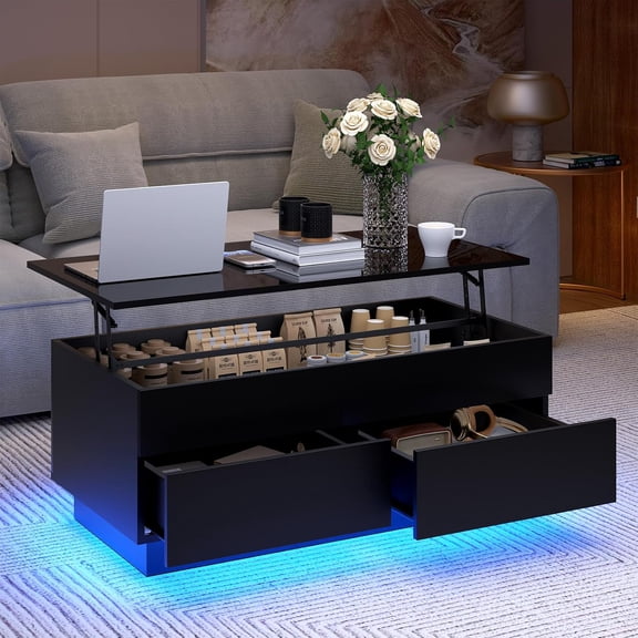 YANGLI LED Coffee Table with Lift Top, Modern High Gloss Black Sofa Table for Living Room, Center Table with Hidden Compartment & 2 Drawers