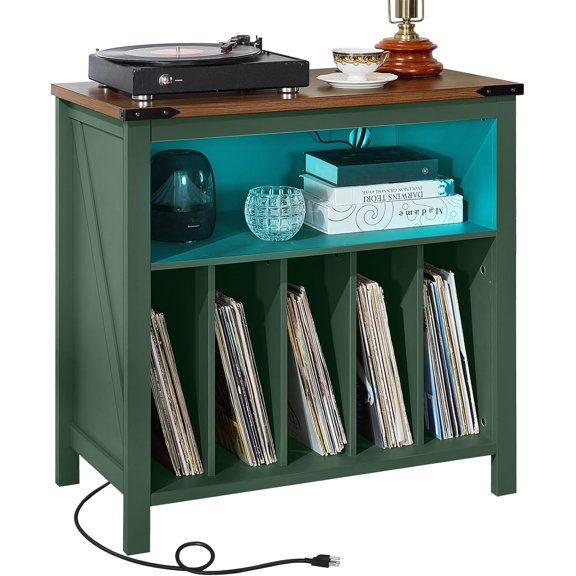 YANGLI Large Record Player Table with Charging Station & LED Lights, Green Vinyl Storage Cabinet Holds up to 230 Albums, Turntable Stand with Display Shelf for Music/Bedroom/Living Room