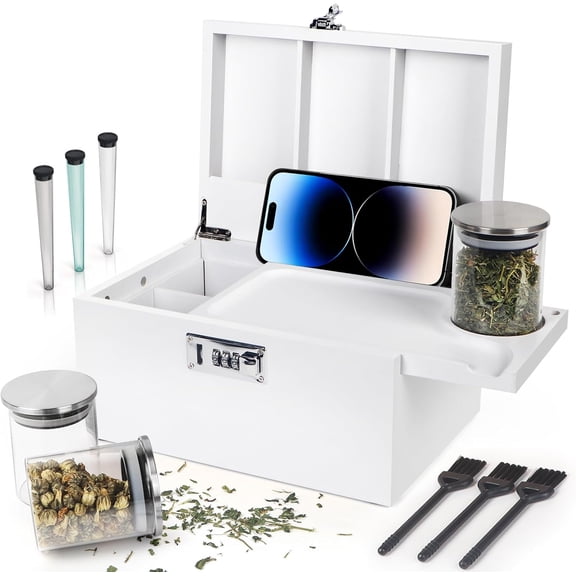 YANGLI Large White Bamboo Box with Combination Lock – Storage Box with Removable Tray & Jars