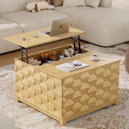 YANGLI Lift Top Coffee Table, 31.5" Square with Storage, Farmhouse with Hidden Storage, Embossed Texture Center Table for Living Room/Home Office, Natural