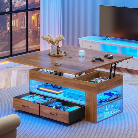 YANGLI Lift Top Coffee Table, 4-in-1 with Storage & Hidden Compartment, Farmhouse with 2 Fabric Drawers & LED Light for Living Room, Brown
