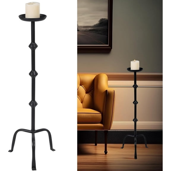 YANGLI Metal Candlestick Floor Pillar Candleholder - 32 Inch Tall Black Candelabra for Wedding, Church, Holiday Decor