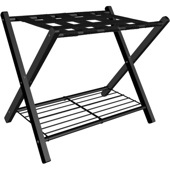 YANGLI Metal Folding Luggage Rack with Metal Shelf, Foldable Suitcase Stand, Black, 1 Pack, for Guest Room & Bedroom