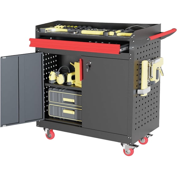 YANGLI Metal Garage Storage Cabinet with Wheels, Lockable, Adjustable Shelf, Pegboard & Handle Steel Tool Locker for Garage, Warehouse