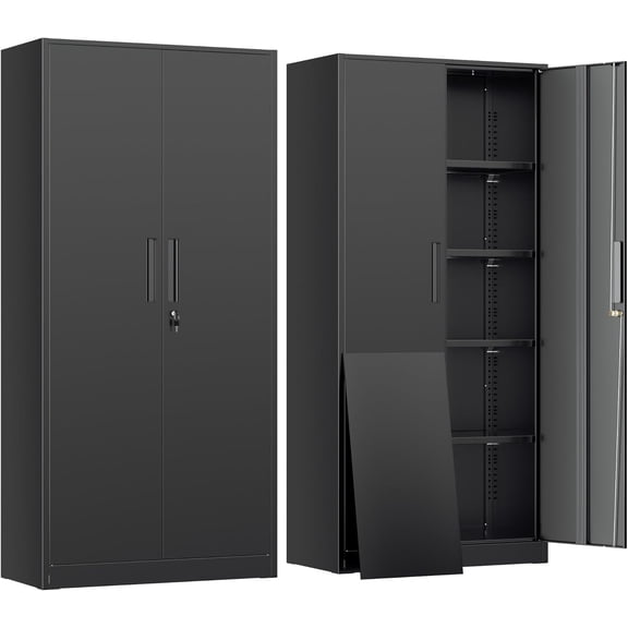 YANGLI Metal Lockable Storage Cabinet 72" w/2 Doors & 4 Adjustable Shelves Black, for Office/Home/Garage/Pantry, Assembly Required