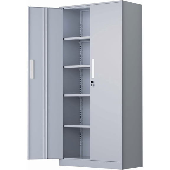 YANGLI Metal Lockable Storage Cabinet 72" w/2 Doors & 4 Adjustable Shelves Cement Gray, for Office/Home/Garage/Pantry, Assembly Required