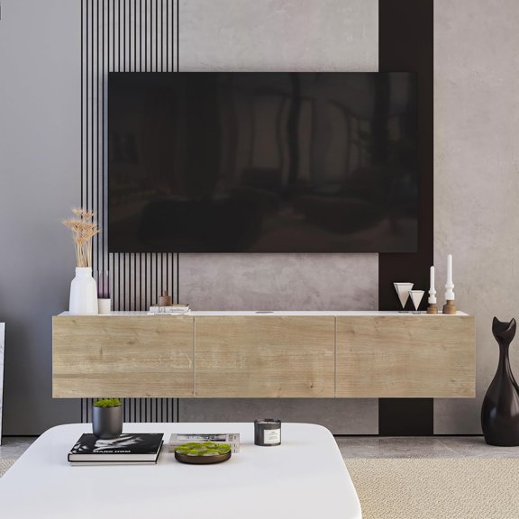 YANGLI Modern Floating TV Stand Wall Mounted TV Console for 65-80" TVs Oak White