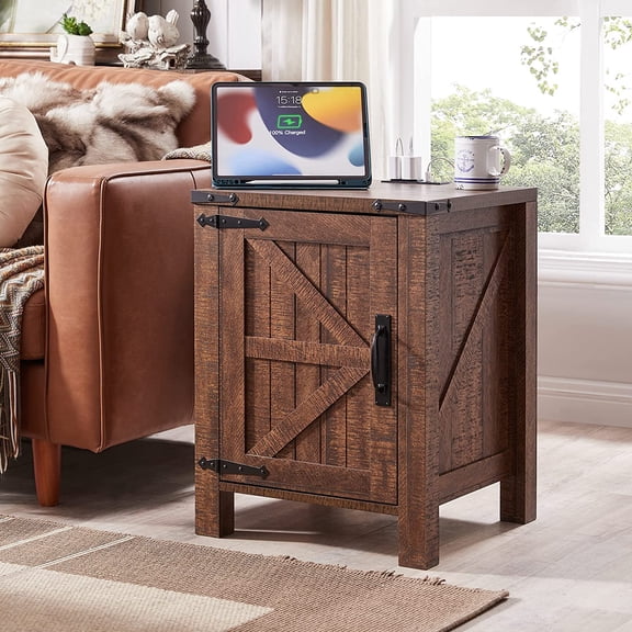 YANGLI Nightstand with Charging Station, 18" Farmhouse End Table with Barn Door & Adjustable Shelf, Rustic Wood Sofa Side Table with Magnetic Door for Living Room/Bedroom, Reclaimed Barnwood