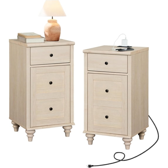 YANGLI Nightstands with Charging Station, Set of 2 End Table with Power Outlets & USB Ports for Living Room, Modern Side Table with Drawer & Storage Cabinet for Bedroom, Beige