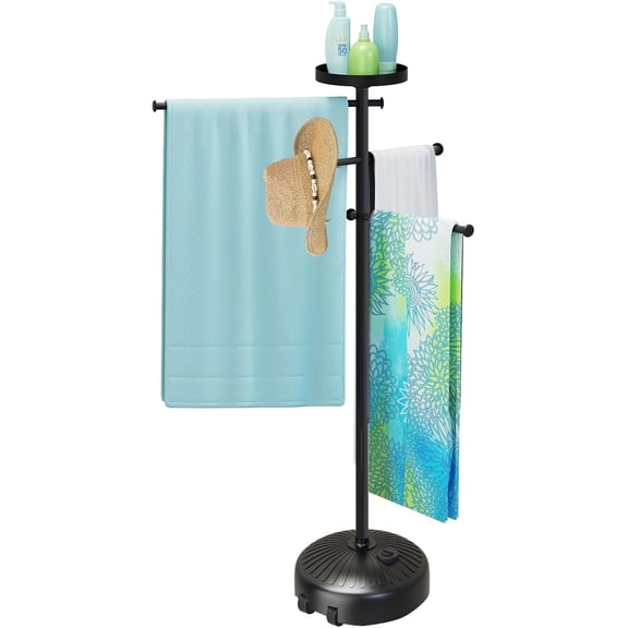 YANGLI Outdoor Pool Towel Rack with Built-in Tray, Adjustable Heavy Duty Design, Backyard Storage