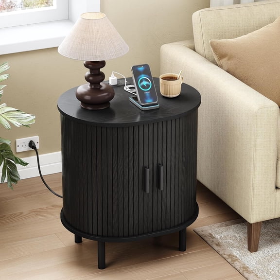 YANGLI Oval End Table with Storage & Charging Station, Fluted Accent Side Table with Sliding Door & Adjustable Shelf, Mid-Century Modern Nightstand for Living Room/Bedroom, Black (1-Pack)
