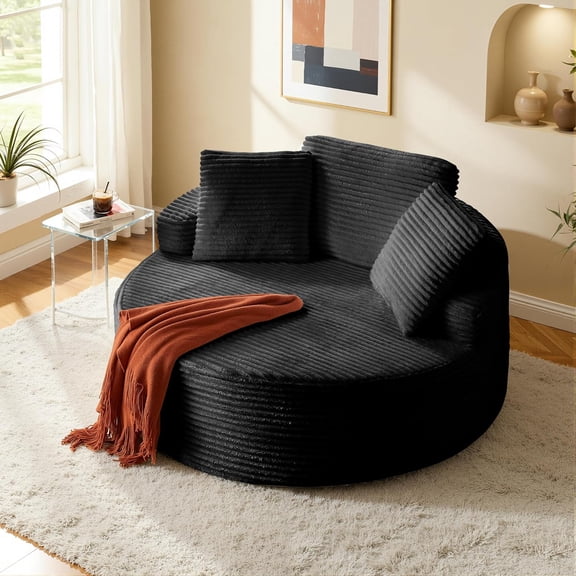 YANGLI Oversized Round Chaise Lounge Chair, Corduroy Cloud Large Circle Sofa Chair, No Assembly, Modern Sleeper Cloud Sofa Couch Bed, for Living/Bedroom/Apartment, Black