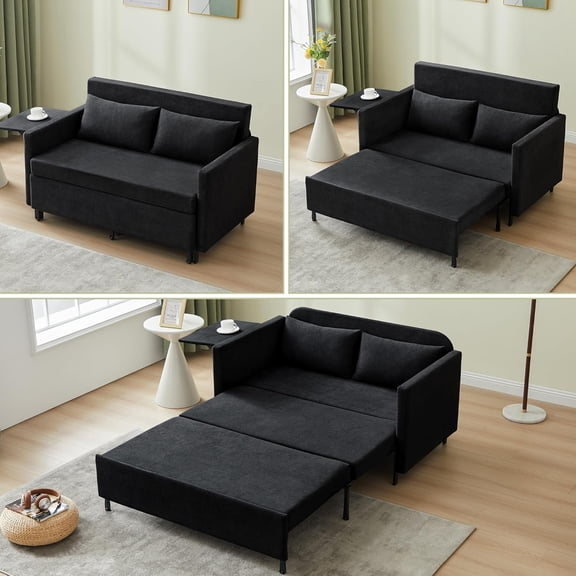 YANGLI Pull Out Couch Bed, 2-in-1 Sleeper Sofa Small Loveseat w/ Hidden Side Table & Iron Frame for Living Room/Small Space/Apartment, Black