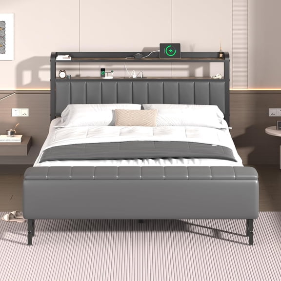 YANGLI Queen Bed Frame with Headboard & Star Projector, Metal Upholstered with Charging Station, Heavy Duty with Storage Ottoman, Noise-Free, No Box Spring Needed, Grey