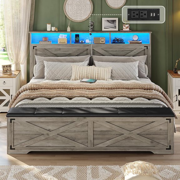 YANGLI Queen Farmhouse Platform Bed w/ Ottoman Storage, Charger & LED, Headboard Rack, Metal Slats, Quiet, No Box Spring, Oak Grey