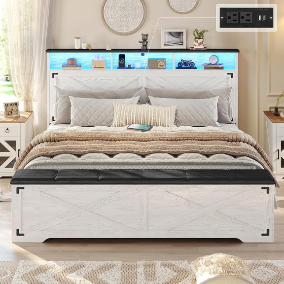 YANGLI Queen Farmhouse Platform Bed w/ Ottoman Storage, Charger & LED, Headboard Rack, Metal Slats, Quiet, No Box Spring, Walnut White