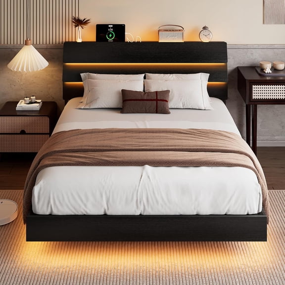 YANGLI Queen Floating Bed Frame with LED Headboard & Charging Station, Metal Platform Base with Storage, Remote Control, Heavy Slats, No Box Spring Needed, Noise-Free, Black