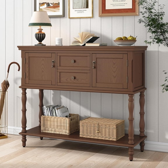 YANGLI Retro Wooden Console Table for Entryway, with 2 Doors & Drawers and Open Shelf, Behind Couch Sofa Table for Living Room/Foyer/Hallway, Brown