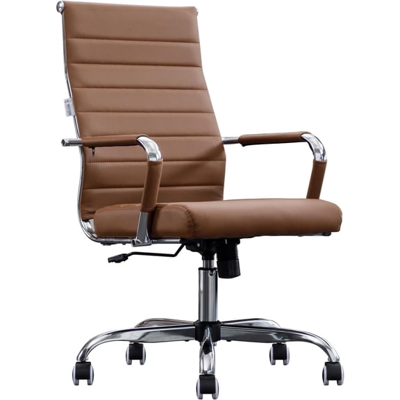 YANGLI Ribbed Home Office Chair, Modern Leather Conference Room Chair, High Back Executive Computer Chair, Ergonomic Office Desk Chair, Adjustable Swivel Chair with Arms, Brown