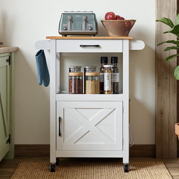 YANGLI Rolling Kitchen Cart with Microwave Stand, Storage Cabinet & Drawer, White