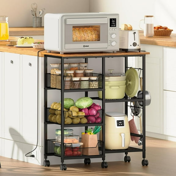 YANGLI Rolling Kitchen Storage Microwave Cart with Adjustable Shelf & Lockable Wheels
