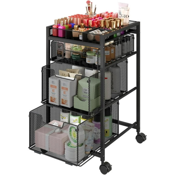 YANGLI Rolling Makeup Cart Organizer with 3 Drawers & Dividers, Black, Cosmetics Display with Wheels