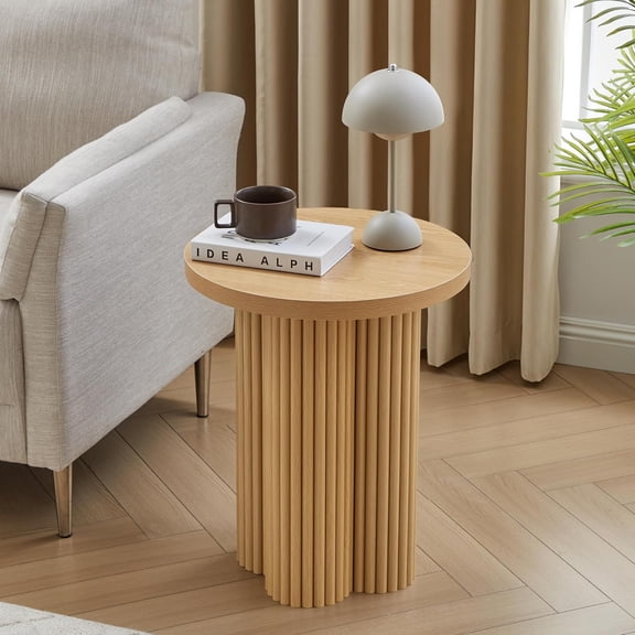 YANGLI Round Fluted End Table, 17.7" Mid Century Modern Side Table, Circle Bedside Drink Table Wood Nightstand for Small Spaces/Living Room, Natural (1-Pack)