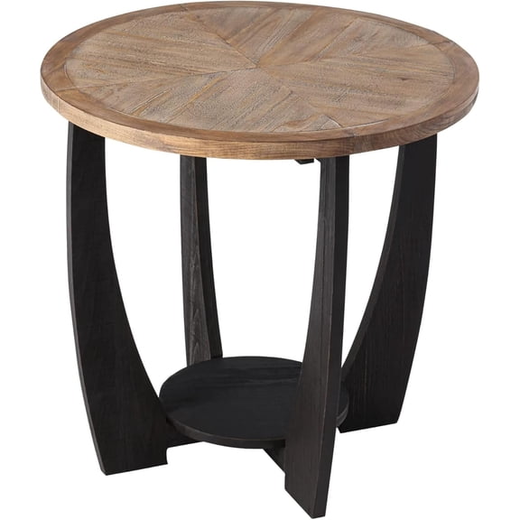 YANGLI Rustic Farmhouse End Table with Storage Shelf, French Country Modern Round Accent Side for Small Spaces, Wood Top & Black Base