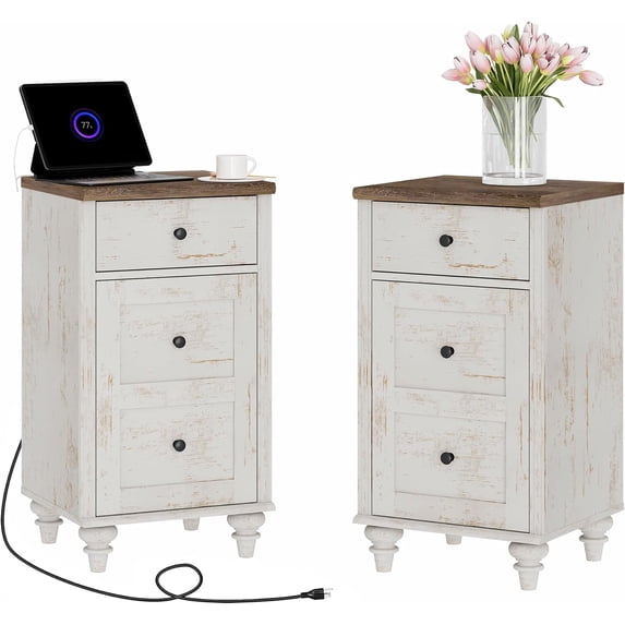 YANGLI Set of 2 End Table with Charging Station, Wood Nightstands with Drawer & Storage Cabinet, Modern Side Tables Living Room, Farmhouse Bedside for Bedroom, Rustic White