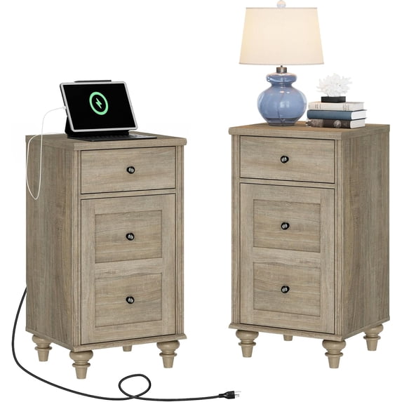 YANGLI Set of 2 End Table with Charging Station, Wood Nightstands with Drawer & Storage Cabinet, Modern Side Tables Living Room Set of 2, Farmhouse Bedside for Bedroom, Wash Grey