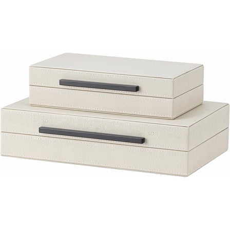 YANGLI Set of 2 Beige Shagreen Storage Boxes – Faux Leather Jewelry Box with Black Metal Handles