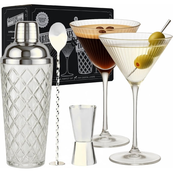 YANGLI Silver Luxury Cocktail Shaker Set – Glass Shaker with Built-In Strainer & 2 Martini Glasses