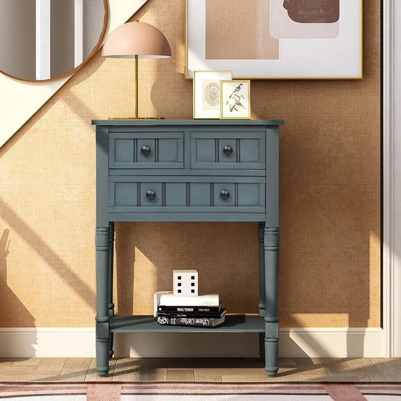 YANGLI Slim Antique Entry Console Table with Drawers & Bottom Open Shelf, Solid Wood Sofa Couch Table for Entryway/Hallway/Living Room, Navy