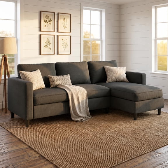 YANGLI Small L-Shaped Sectional Couch, Modern Grey Couch w/ Reversible Ottoman, 3-Seat Compact Sofa for Small Living Room/Apartment, Ribbed Fabric Comfy Upholstered