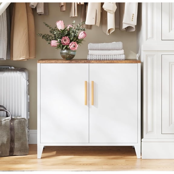 YANGLI Small Metal Storage Cabinet with 2 Doors & Shelves (32"W x 30"H), Buffet Sideboard for Kitchen, Office, Entryway – White