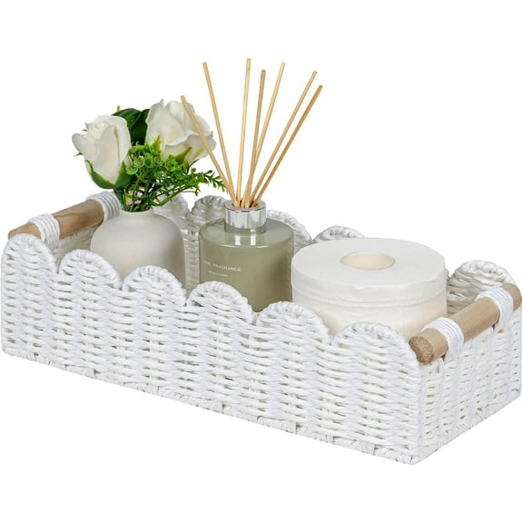 YANGLI Small Storage Basket Set, Wicker Baskets for Organizing with Handle, Decorative Storage Bins for Countertop Toilet Paper Basket for Toilet Tank Top, White