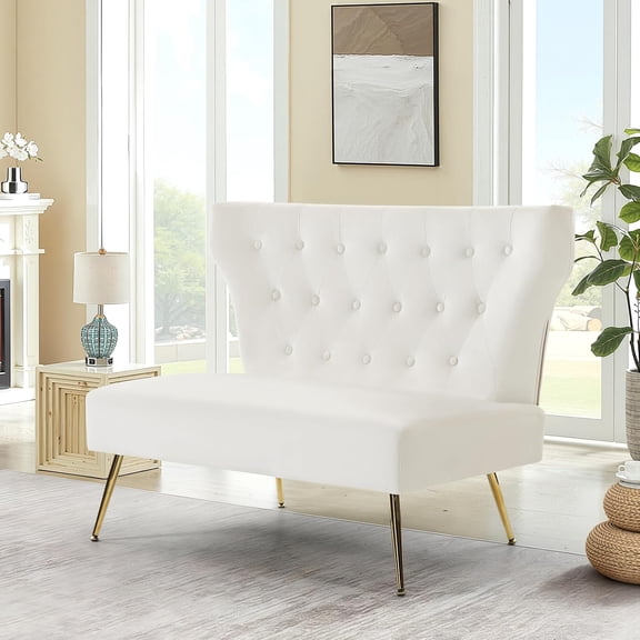 YANGLI Small White Velvet Sofa Soft Upholstered 40" Armless Loveseat Couch with High Density Foam Modern Tufted Cushion with Gold Legs for Bedroom, Dorm, Apartment Easy Assembly