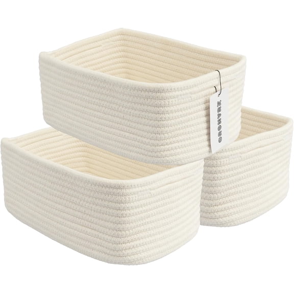 YANGLI Small Woven Storage Baskets 12"x8"x5", Decorative Rope Bins for Organizing Shelves, Closets and Toys, Empty Gift Baskets, Cute Organizer Basket for Home and Office, White