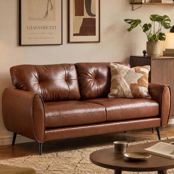 YANGLI Sofa Couch 61" Small Loveseat Couches for Living Room Chestnut Brown Leather Couch Mid Century Modern Tufted Mini Sofa Comfy Office 2 Seat Settee Love Seat for Small Spaces, Bedroom