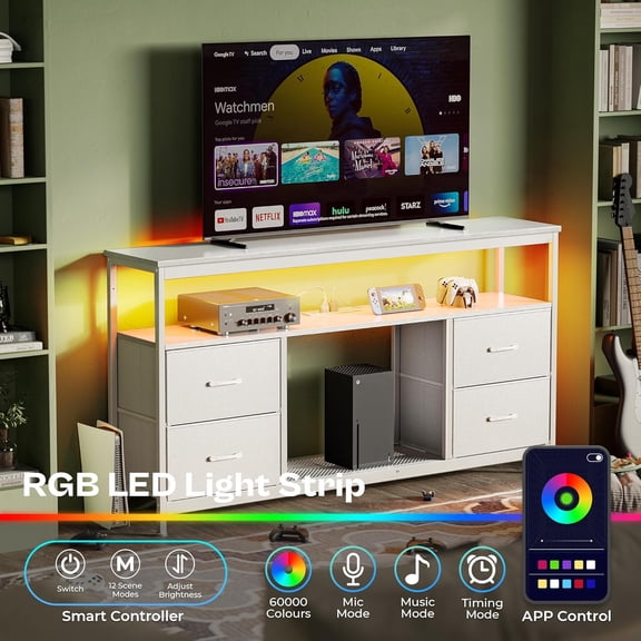 YANGLI TV Stand Dresser with Power Outlets and LED Lights, 4 Drawers Entertainment Center with Shelves, 54 Inch Media Console for 55 60 Inch TV, 4 AC Outlets, 2 USBs, Dresser with PU Finish, White