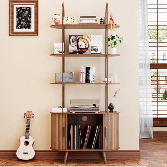 YANGLI Tall Vinyl Record Player Stand with Sliding Doors, 4-Tier, Walnut