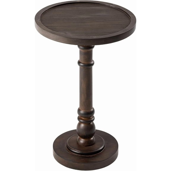YANGLI Traditional Rustic Pedestal Table, Round Tray Top End Table with Farmhouse Distressed Finish for Small Spaces, Dark Brown