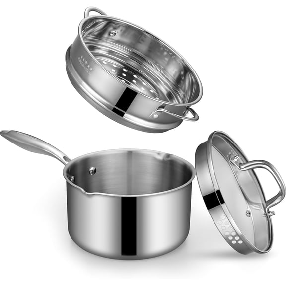 YANGLI Tri-Ply Stainless Steel Sauce Pan with Steamer Basket & Straining Glass Lid, 2-in-1 Multi-Function Pot for Steaming, Boiling & Simmering, Healthy Durable Rust-Resistant