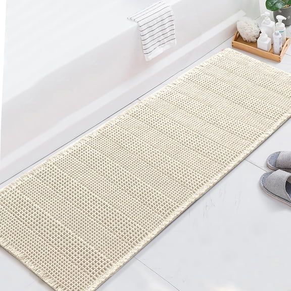 YANGLI Upgraded Waffle Runner Rug 24"x72", Super Absorbent Non-Slip Bath Mat, Machine Washable Dry Fast for Beside Tub, Ivory