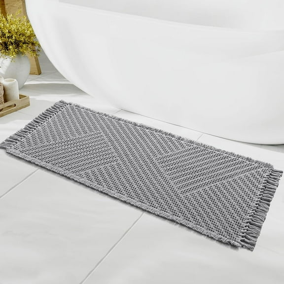 YANGLI Waffle Bath Runner Rug 24"x60", Super Absorbent Boho Bath Mat, Non-Slip Machine Washable Dry Fast Bathroom Rug with Tassels, Dove