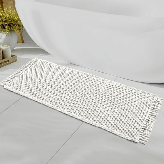 YANGLI Waffle Bath Runner Rug 24"x60", Super Absorbent Boho Bath Mat, Non-Slip Machine Washable Dry Fast Bathroom Rug with Tassels, Ivory White