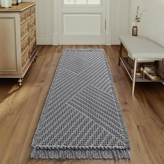 YANGLI Waffle Bath Runner Rug 24"x72", Super Absorbent Boho Bath Mat, Non-Slip Machine Washable Dry Fast Bathroom Rug with Tassels, Dove