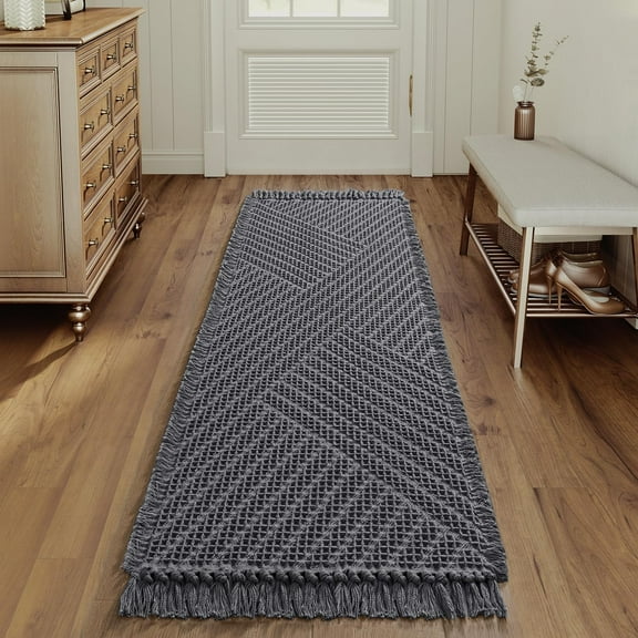 YANGLI Waffle Bath Runner Rug 24"x72", Super Absorbent Boho Bath Mat, Non-Slip Machine Washable Dry Fast Bathroom Rug with Tassels, Gray