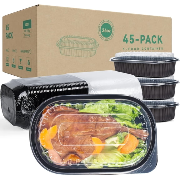 YANGRUI Take Out Containers, Shrink Wrap 45 Pack 26 oz Reusable Machine Washable Extra Thick BPA Free Meal Prep Container Microwave Freezer Safe Leak Proof To Go Boxes