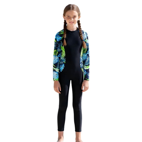 YANGXINX Girls Long Sleeve Swimsuits Gradient Floral Print Surfing Diving Swimsuit with Full Leg Coverage girls' swimwear